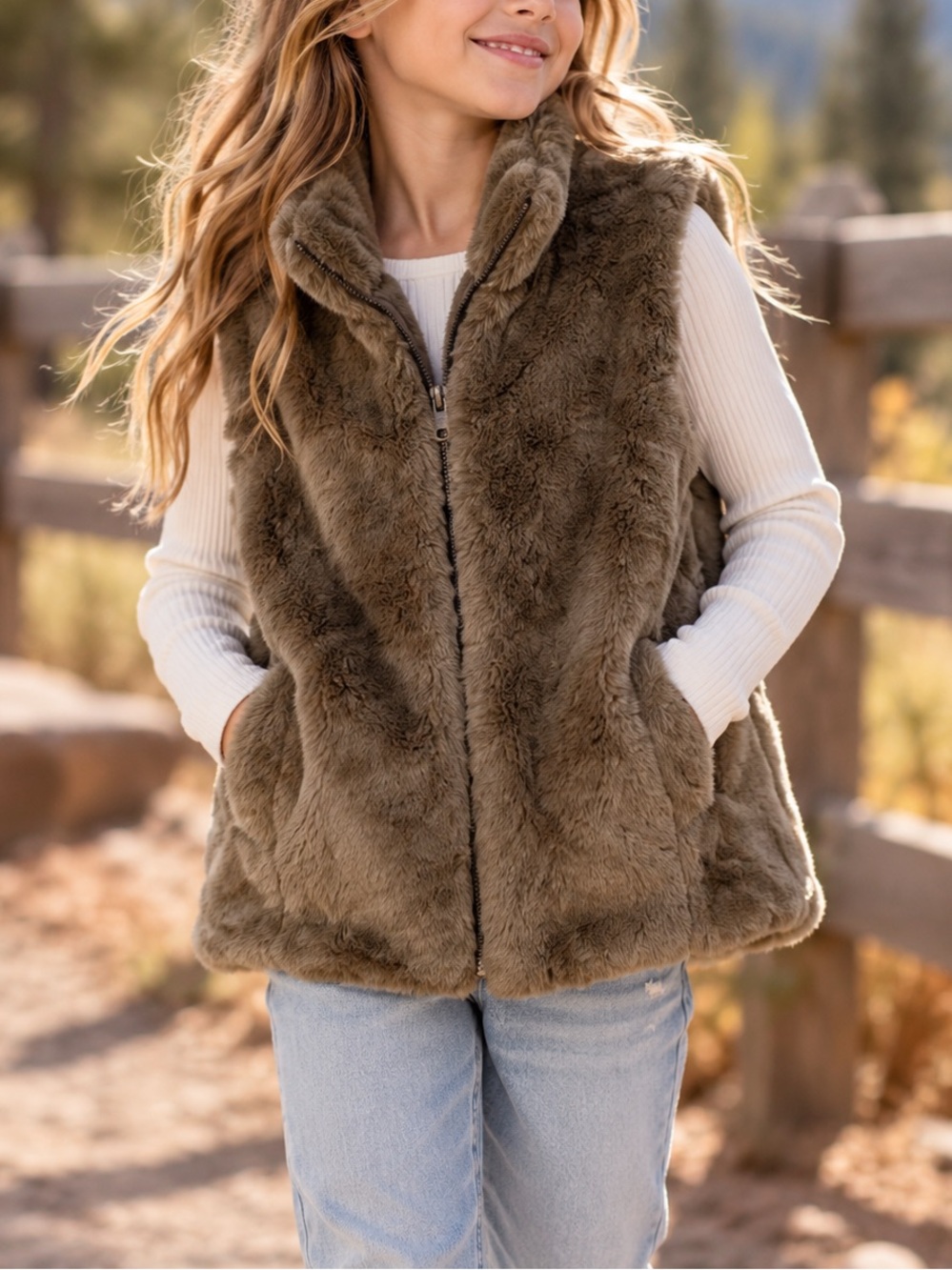 Zara Kids XL Faux Fur Vest in Brown Vegan Lined Fall Warm Cozy